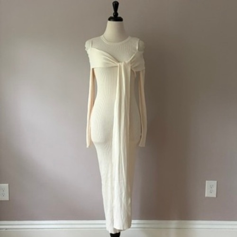 NWT Atoir Fall Away Midi Dress Women's 6 White Ribbed Cold Shoulder